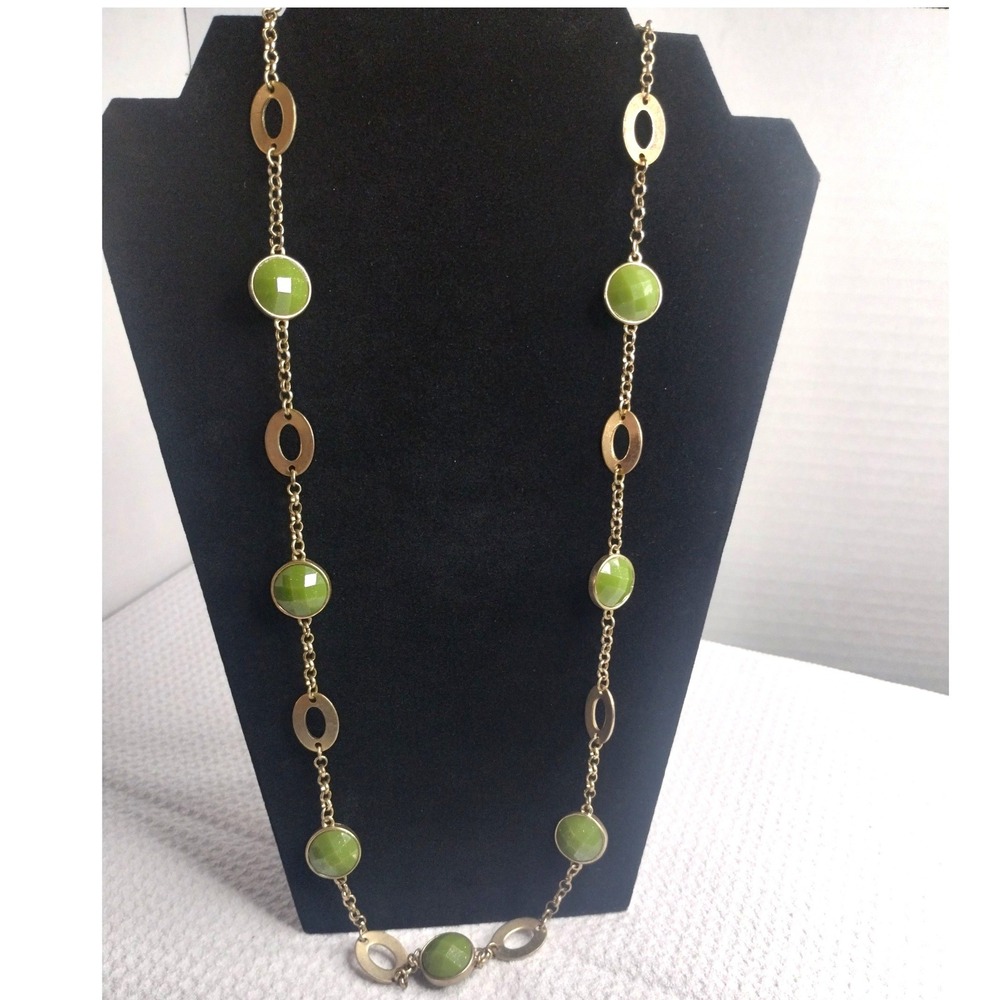 Gold Tone Green Enamel Station Long Chain Necklace 38 Inch Round Oval Link‎ Boho